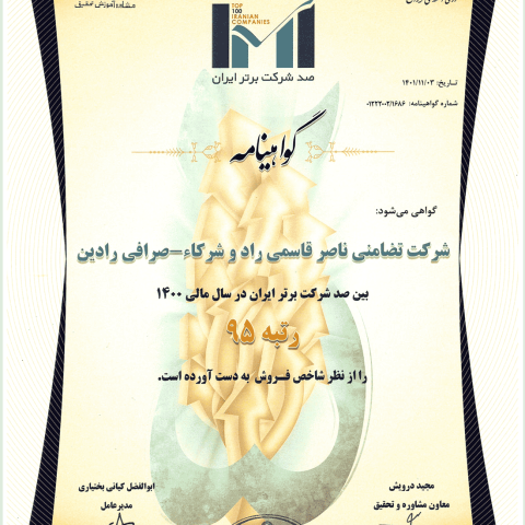 رتبه 95  بین صد شرکت  برتر ایران در سال مالی 1400  رتبه 95 را از نظر شاخص فروش به دست آورده است